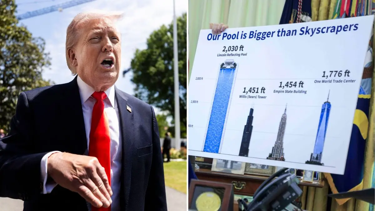 Donald Trump Mocked for Awkwardly Holding Up Poster Comparing Reflecting Pool to World's Tallest Skyscrapers: 'This Is Just Embarrassing'