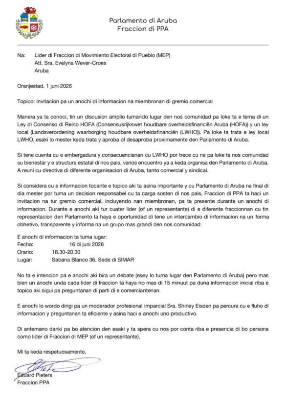 Fraccion di PPA a kibra e barera: UN INVITACION A SALI NA TUR LIDER DI FRACCION Y GREMIO COMERCIAL PA UN ANOCHI DI INFORMACION RIBA HOFA Y LWHO