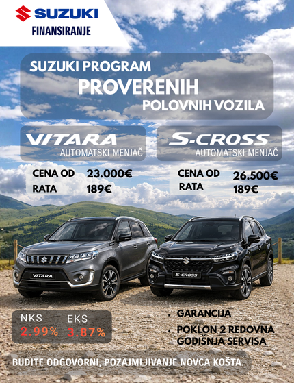 Suzuki nikada povoljnije: Vitara i S-Cross sa automatskim menjačem, 2WD ili 4WD, uz kamatu od 2,99